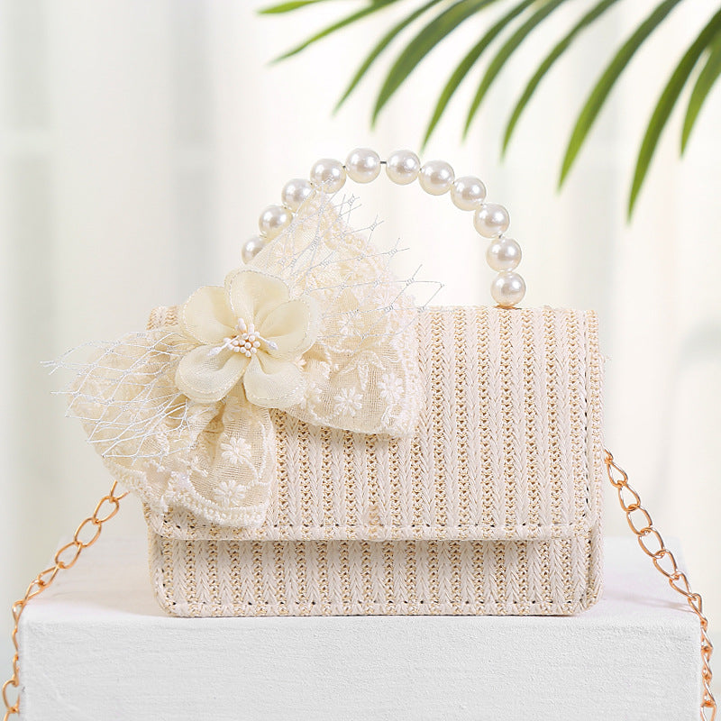Mesh Flower Bow Straw Purse